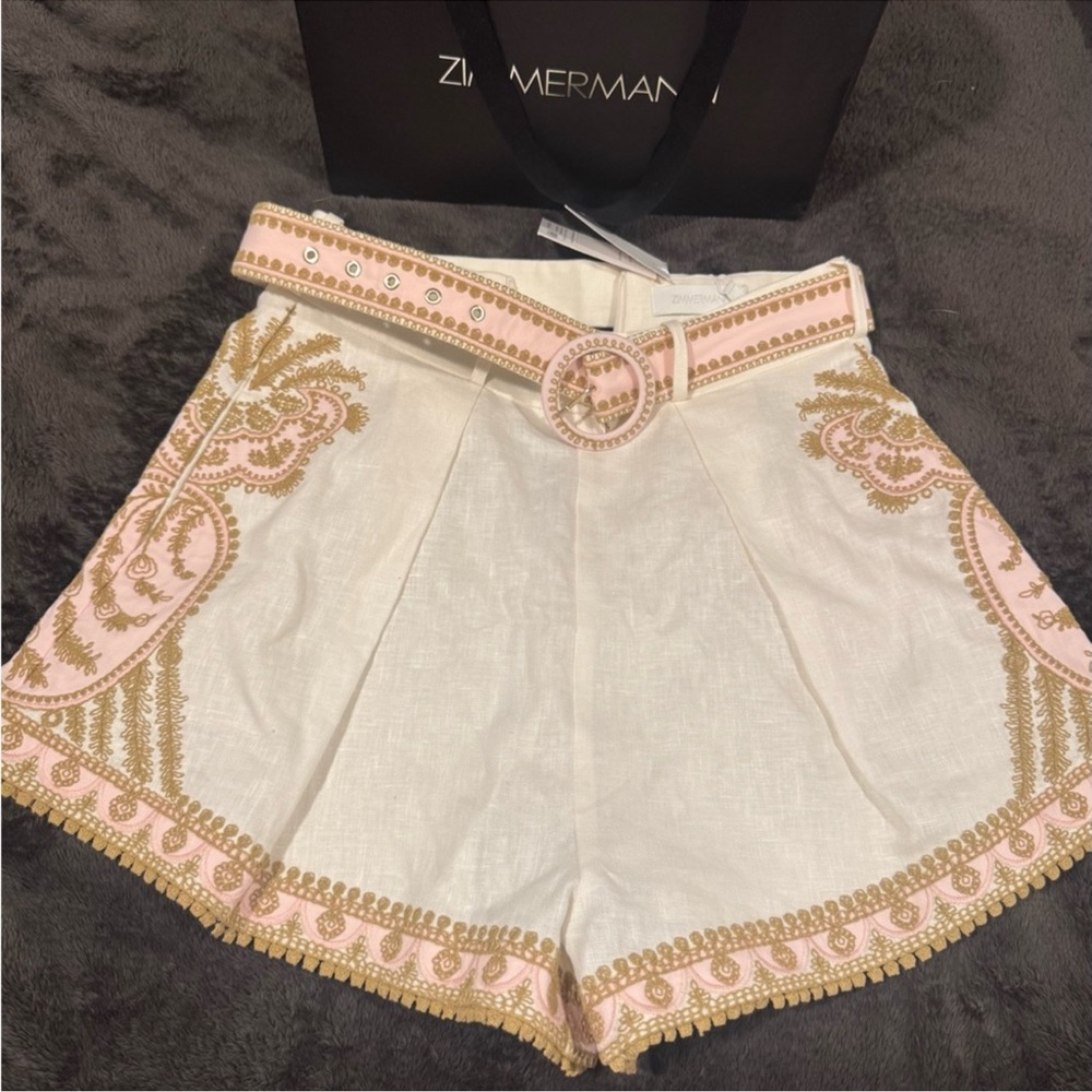 Zimmermann Cream and Pink Embroidered Linen Shorts with Belt